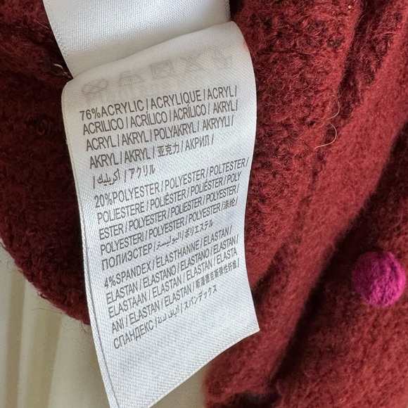 Farm Rio Burgundy Rainbow Dots Balloon Sleeve Open Cardigan Colorful Pom Poms - Picture 7 of 8